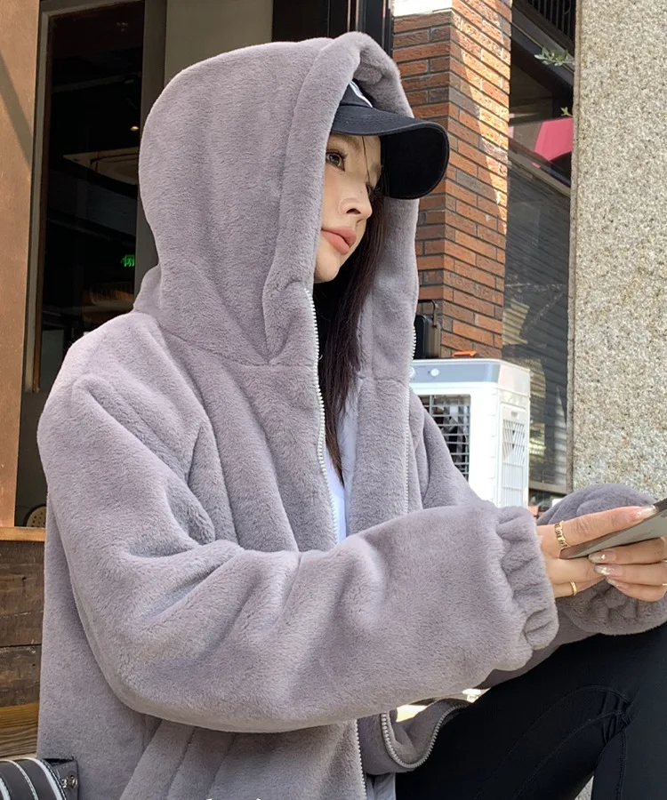Casual Hooded Faux Rabbit Fur Coat for Women Autumn Winter 2026 Loose Fit Zipper Warm Jacket Female Soft Comfort Plush Jackets