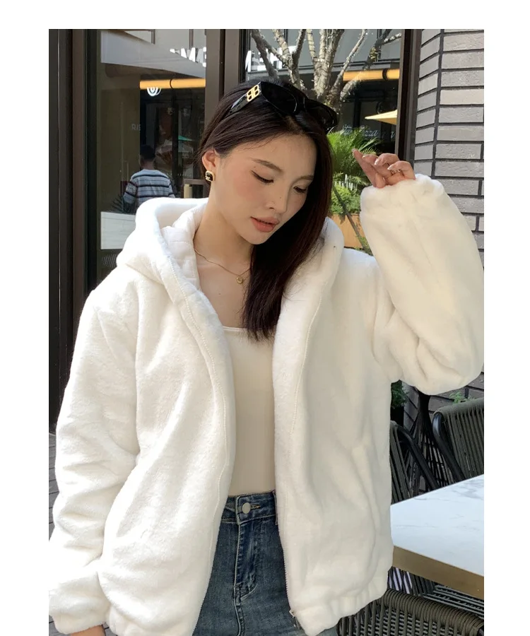 Casual Hooded Faux Rabbit Fur Coat for Women Autumn Winter 2026 Loose Fit Zipper Warm Jacket Female Soft Comfort Plush Jackets