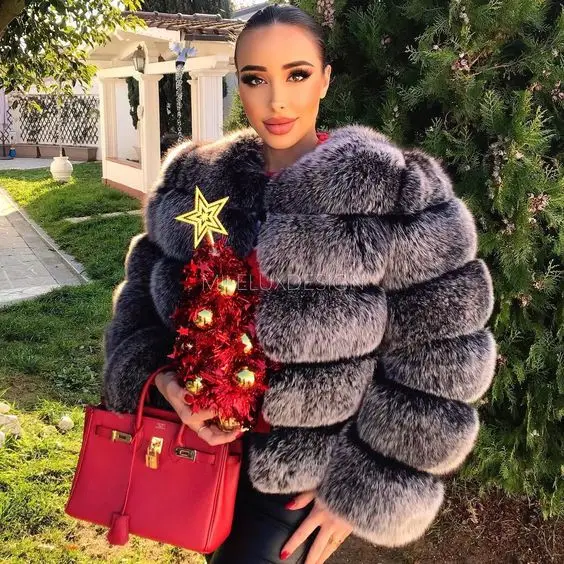 2025 Winter Women's Faux Fur Coar Plaid Solid Long Hair Artificial Fur Jacket For Female Comfortable Lady Faux Fox Fur Jacket