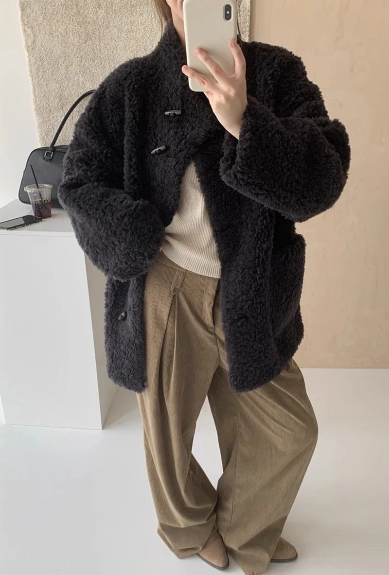 Cute Warm Faux Lamb Long Coat Women Fashion Sweet Loose Thick Winter Kawaii Jacket Outwear Casual Chic Stand Collar Buttons Top
