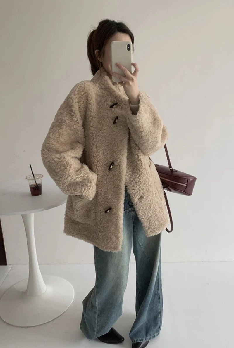 Cute Warm Faux Lamb Long Coat Women Fashion Sweet Loose Thick Winter Kawaii Jacket Outwear Casual Chic Stand Collar Buttons Top