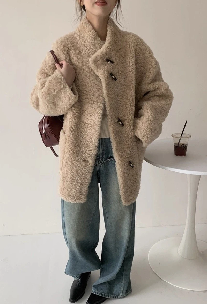 Cute Warm Faux Lamb Long Coat Women Fashion Sweet Loose Thick Winter Kawaii Jacket Outwear Casual Chic Stand Collar Buttons Top