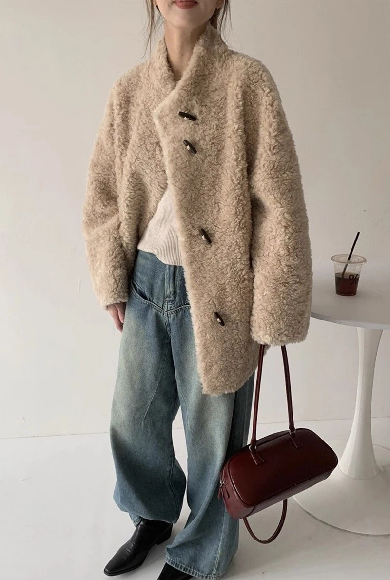 Cute Warm Faux Lamb Long Coat Women Fashion Sweet Loose Thick Winter Kawaii Jacket Outwear Casual Chic Stand Collar Buttons Top