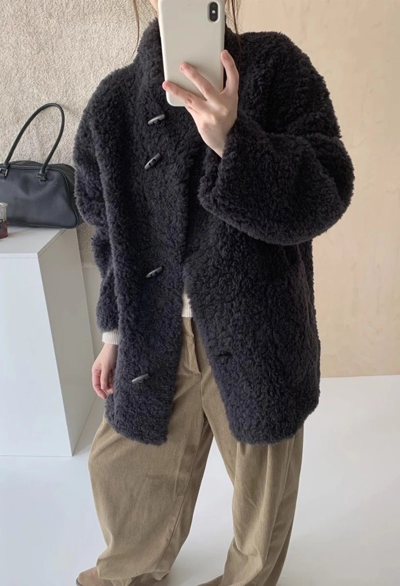 Cute Warm Faux Lamb Long Coat Women Fashion Sweet Loose Thick Winter Kawaii Jacket Outwear Casual Chic Stand Collar Buttons Top