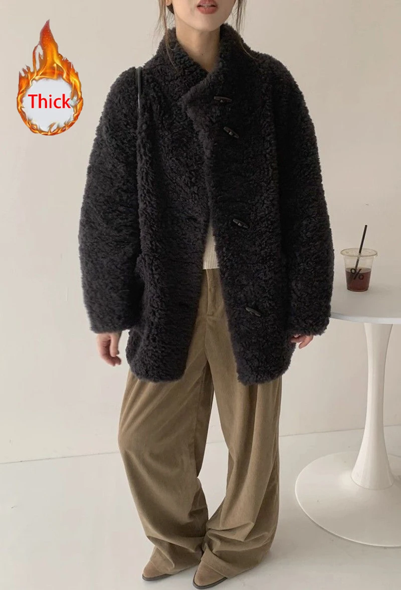 Cute Warm Faux Lamb Long Coat Women Fashion Sweet Loose Thick Winter Kawaii Jacket Outwear Casual Chic Stand Collar Buttons Top