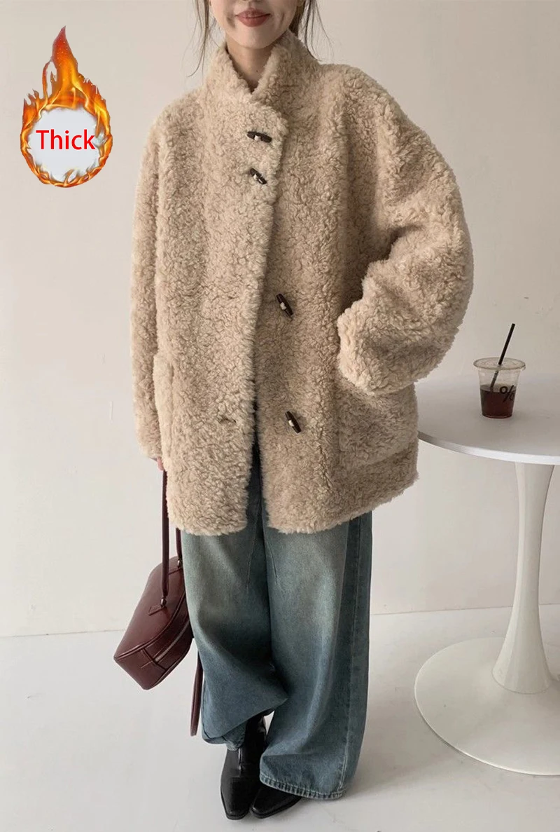 Cute Warm Faux Lamb Long Coat Women Fashion Sweet Loose Thick Winter Kawaii Jacket Outwear Casual Chic Stand Collar Buttons Top