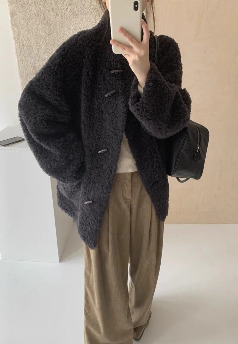 Cute Warm Faux Lamb Long Coat Women Fashion Sweet Loose Thick Winter Kawaii Jacket Outwear Casual Chic Stand Collar Buttons Top
