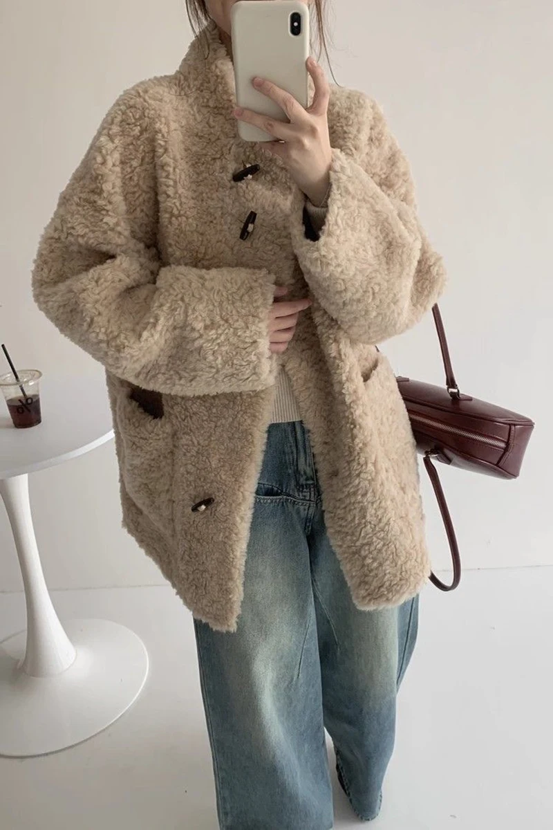 Cute Warm Faux Lamb Long Coat Women Fashion Sweet Loose Thick Winter Kawaii Jacket Outwear Casual Chic Stand Collar Buttons Top