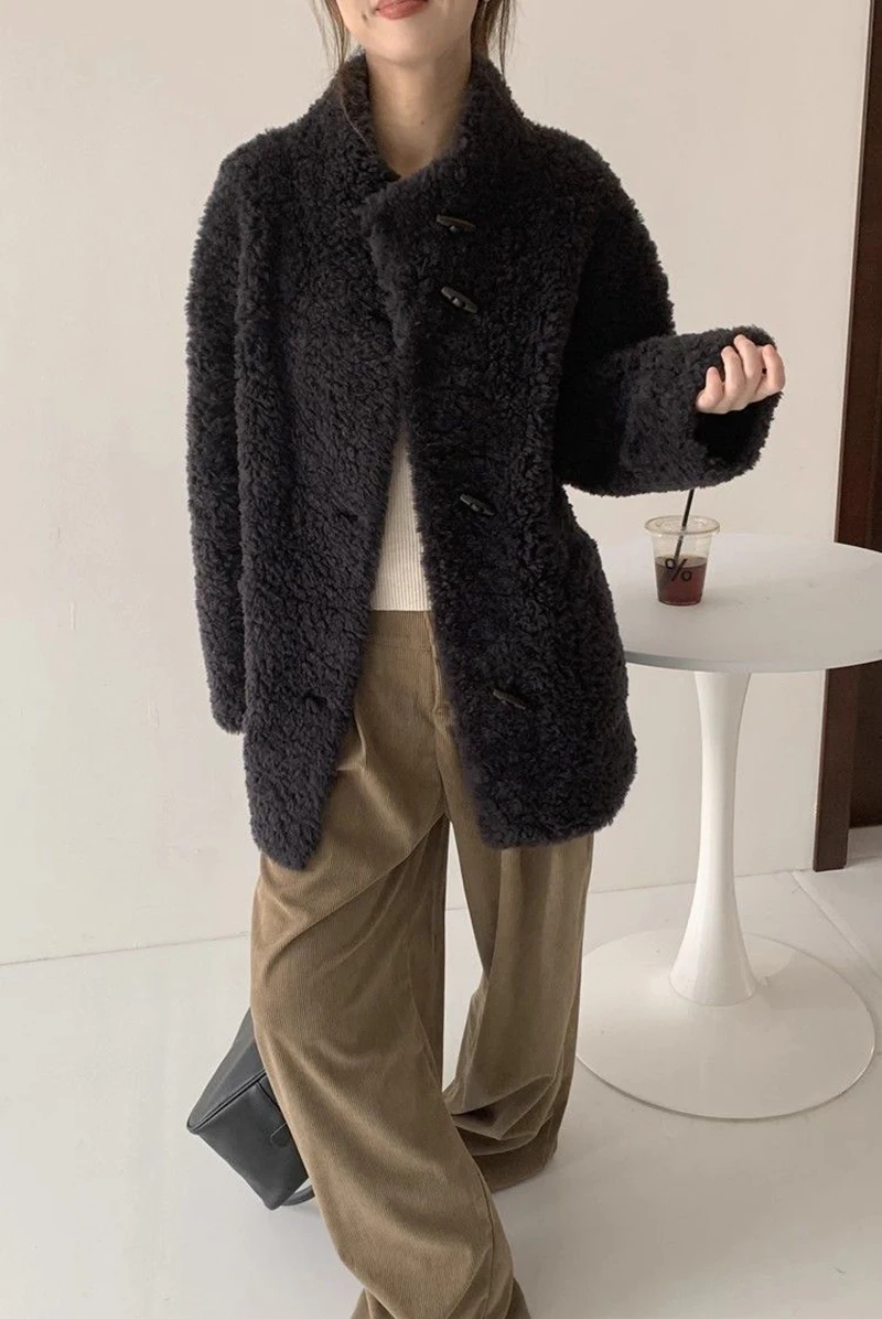 Cute Warm Faux Lamb Long Coat Women Fashion Sweet Loose Thick Winter Kawaii Jacket Outwear Casual Chic Stand Collar Buttons Top