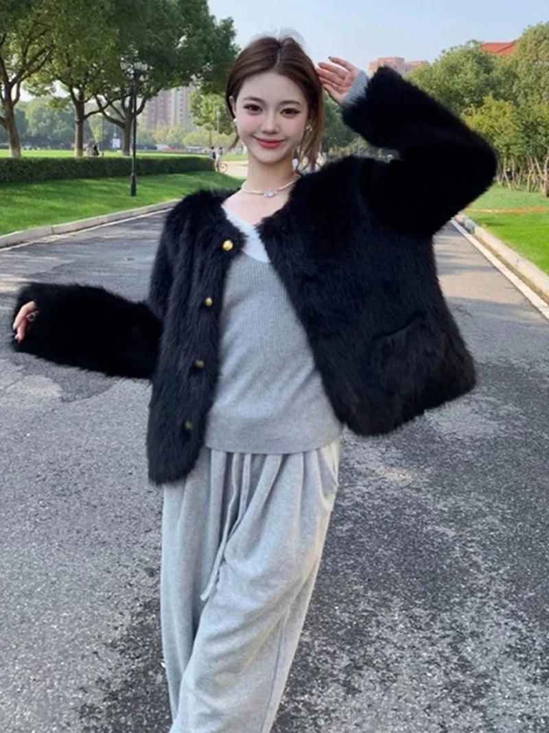 Winter Sweet Faux Fur Coat Women Vintage Long Sleeve O Neck Warm Elegant Jacket Casual Single Breasted Female Pockets Outwear