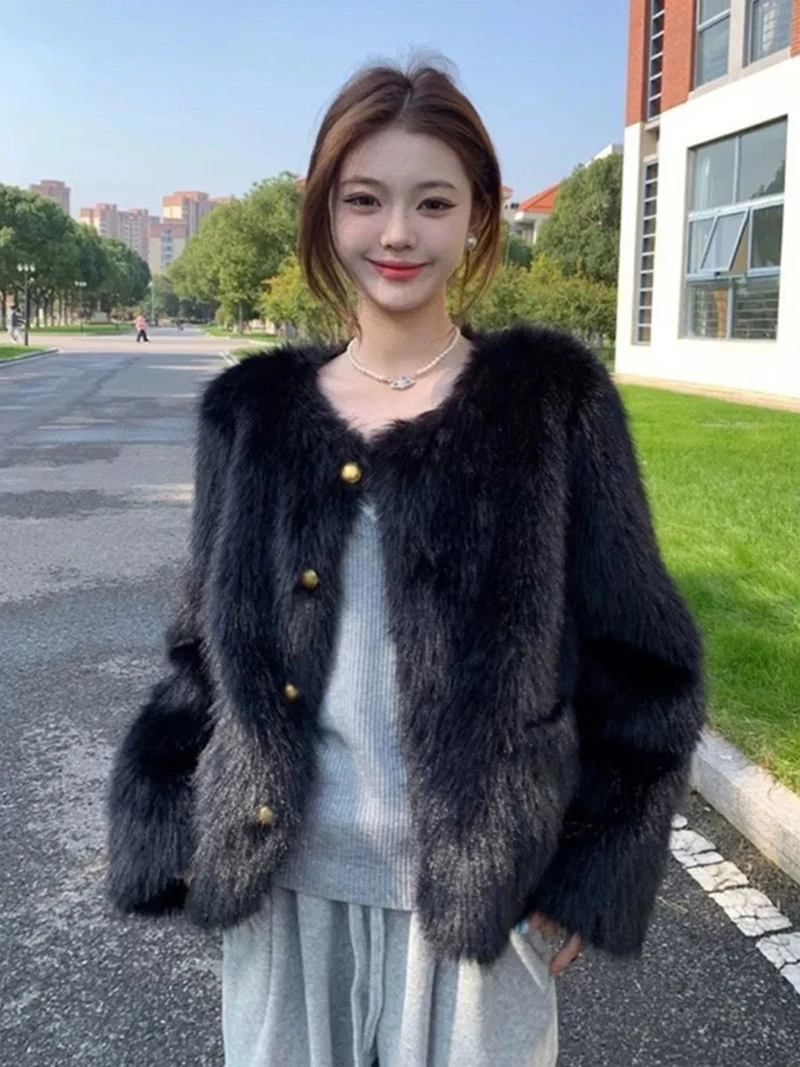 Winter Sweet Faux Fur Coat Women Vintage Long Sleeve O Neck Warm Elegant Jacket Casual Single Breasted Female Pockets Outwear