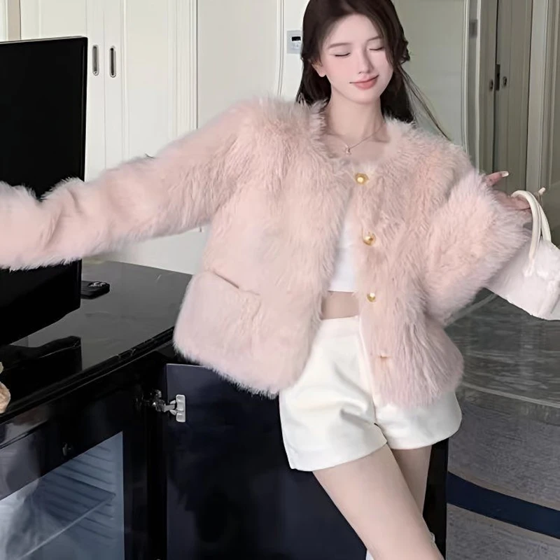 Winter Sweet Faux Fur Coat Women Vintage Long Sleeve O Neck Warm Elegant Jacket Casual Single Breasted Female Pockets Outwear