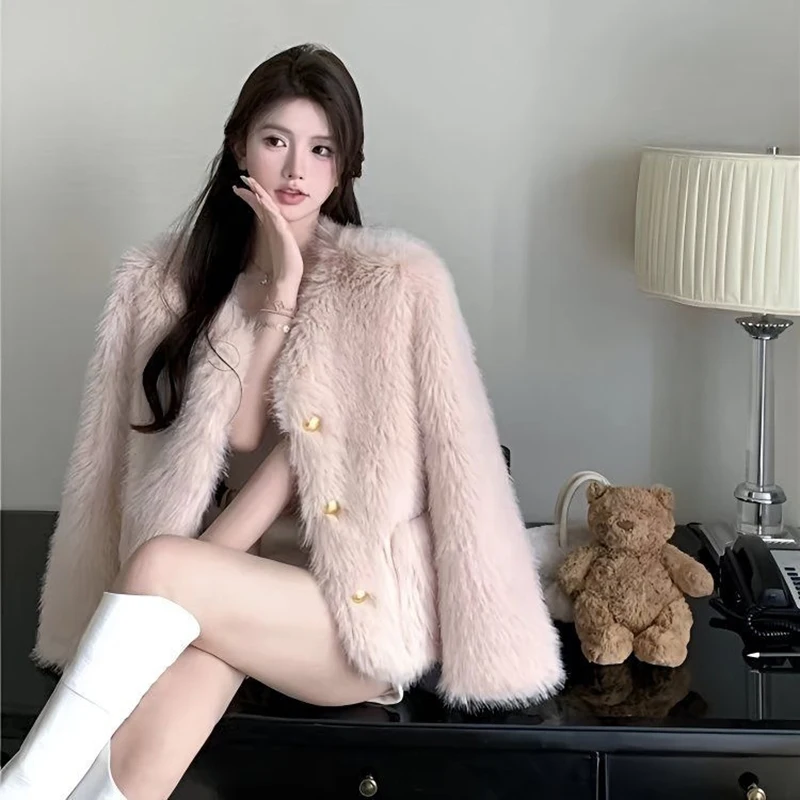 Winter Sweet Faux Fur Coat Women Vintage Long Sleeve O Neck Warm Elegant Jacket Casual Single Breasted Female Pockets Outwear