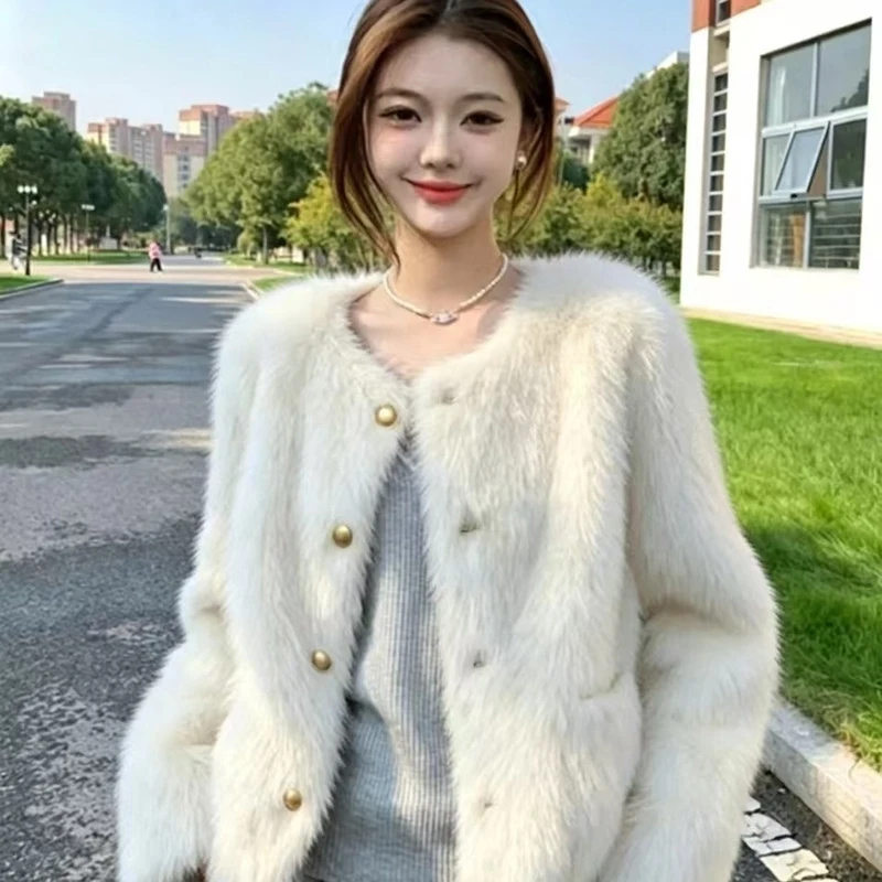 Winter Sweet Faux Fur Coat Women Vintage Long Sleeve O Neck Warm Elegant Jacket Casual Single Breasted Female Pockets Outwear
