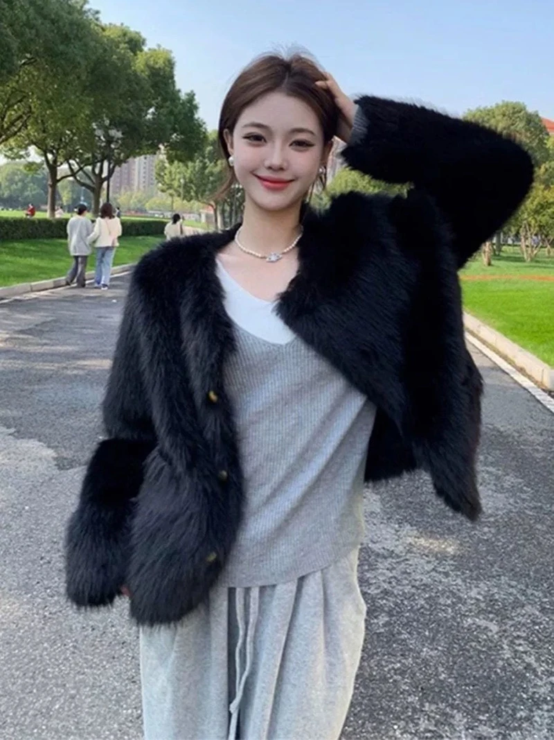 Winter Sweet Faux Fur Coat Women Vintage Long Sleeve O Neck Warm Elegant Jacket Casual Single Breasted Female Pockets Outwear