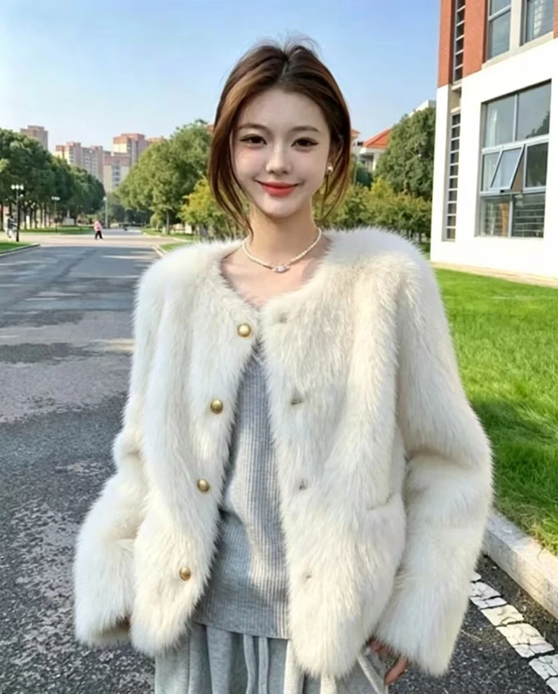 Winter Sweet Faux Fur Coat Women Vintage Long Sleeve O Neck Warm Elegant Jacket Casual Single Breasted Female Pockets Outwear