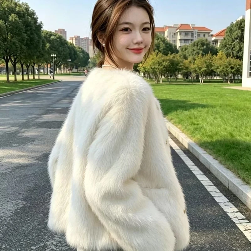 Winter Sweet Faux Fur Coat Women Vintage Long Sleeve O Neck Warm Elegant Jacket Casual Single Breasted Female Pockets Outwear
