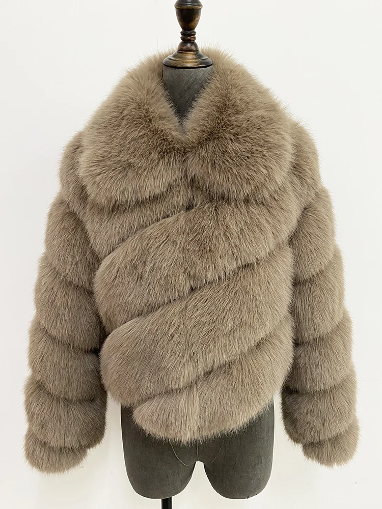 ZADORIN Luxury Irregular Splicing Lapel Short Faux Fur Jacket Women Long Sleeve Fluffy White Faux Fur Coat Women Winter Jackets