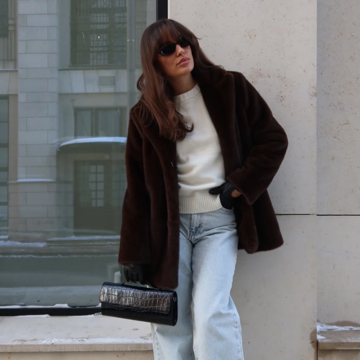 Women's Dark Brown Fluffy Faux Fur Coat Lapel Collar Single Breasted Oversized Winter Warm Jacket Elegant Luxe Chic Streetwear