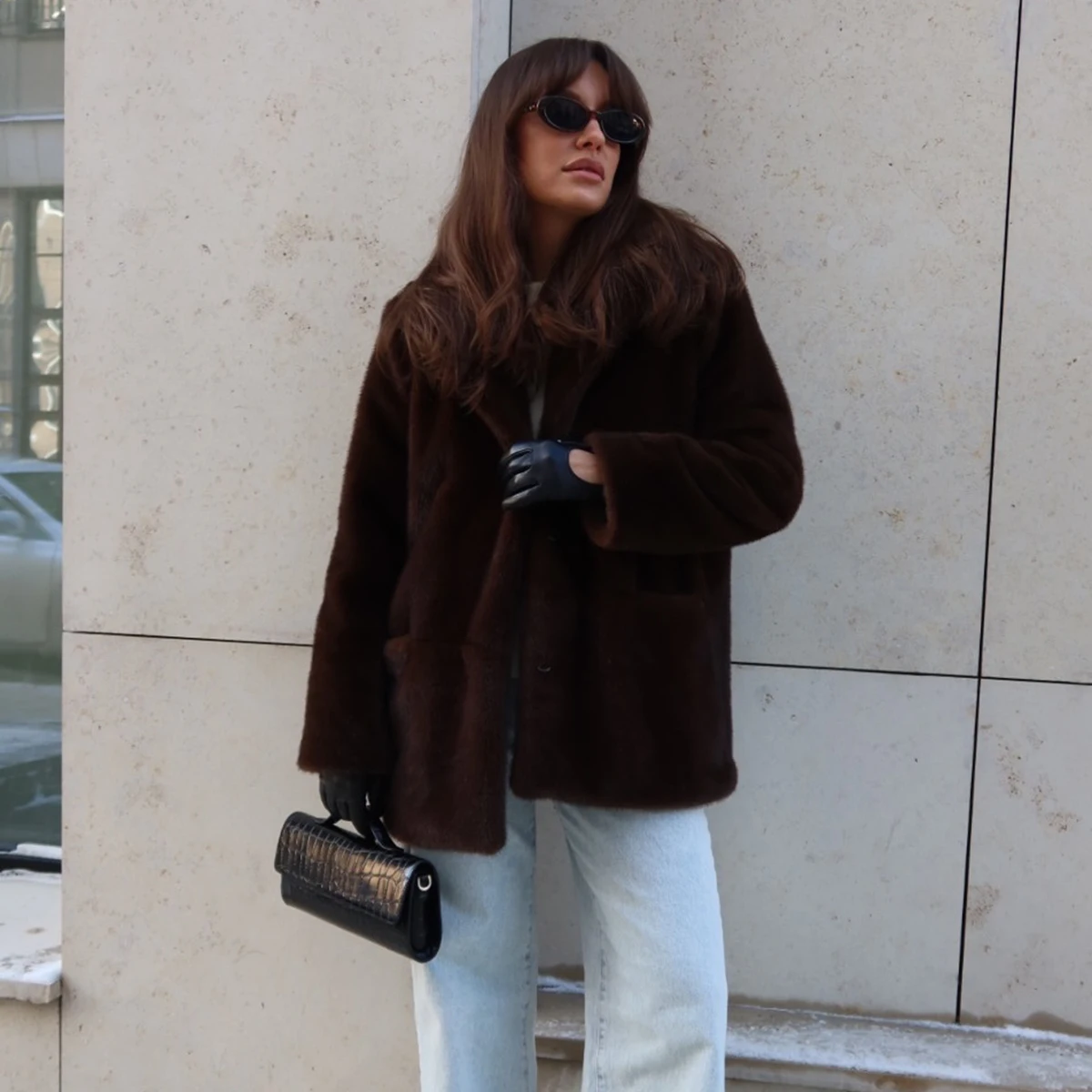 Women's Dark Brown Fluffy Faux Fur Coat Lapel Collar Single Breasted Oversized Winter Warm Jacket Elegant Luxe Chic Streetwear