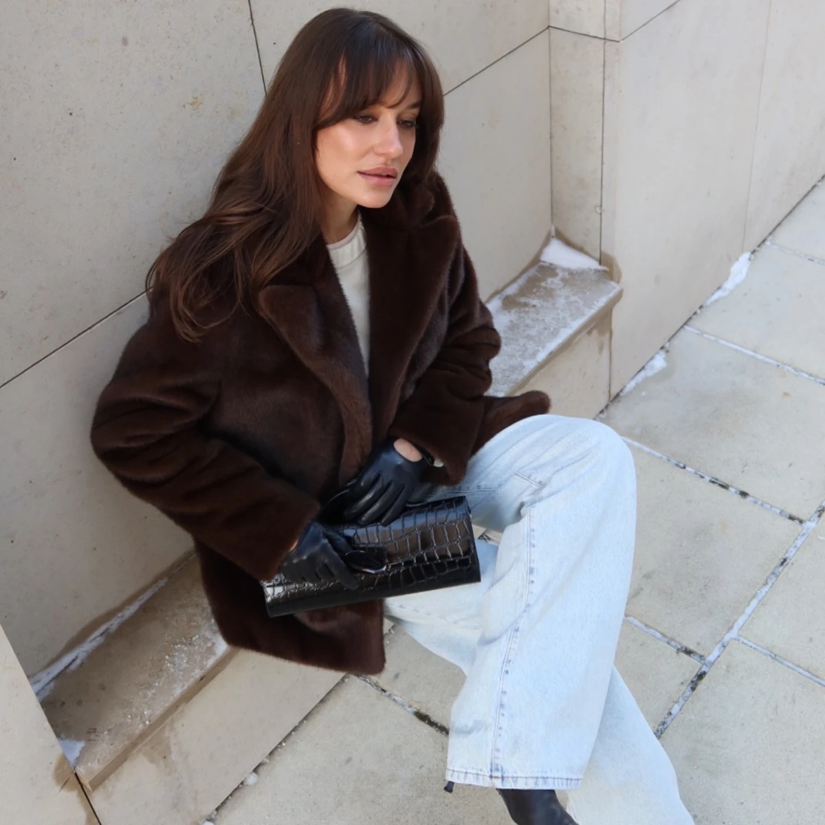 Women's Dark Brown Fluffy Faux Fur Coat Lapel Collar Single Breasted Oversized Winter Warm Jacket Elegant Luxe Chic Streetwear