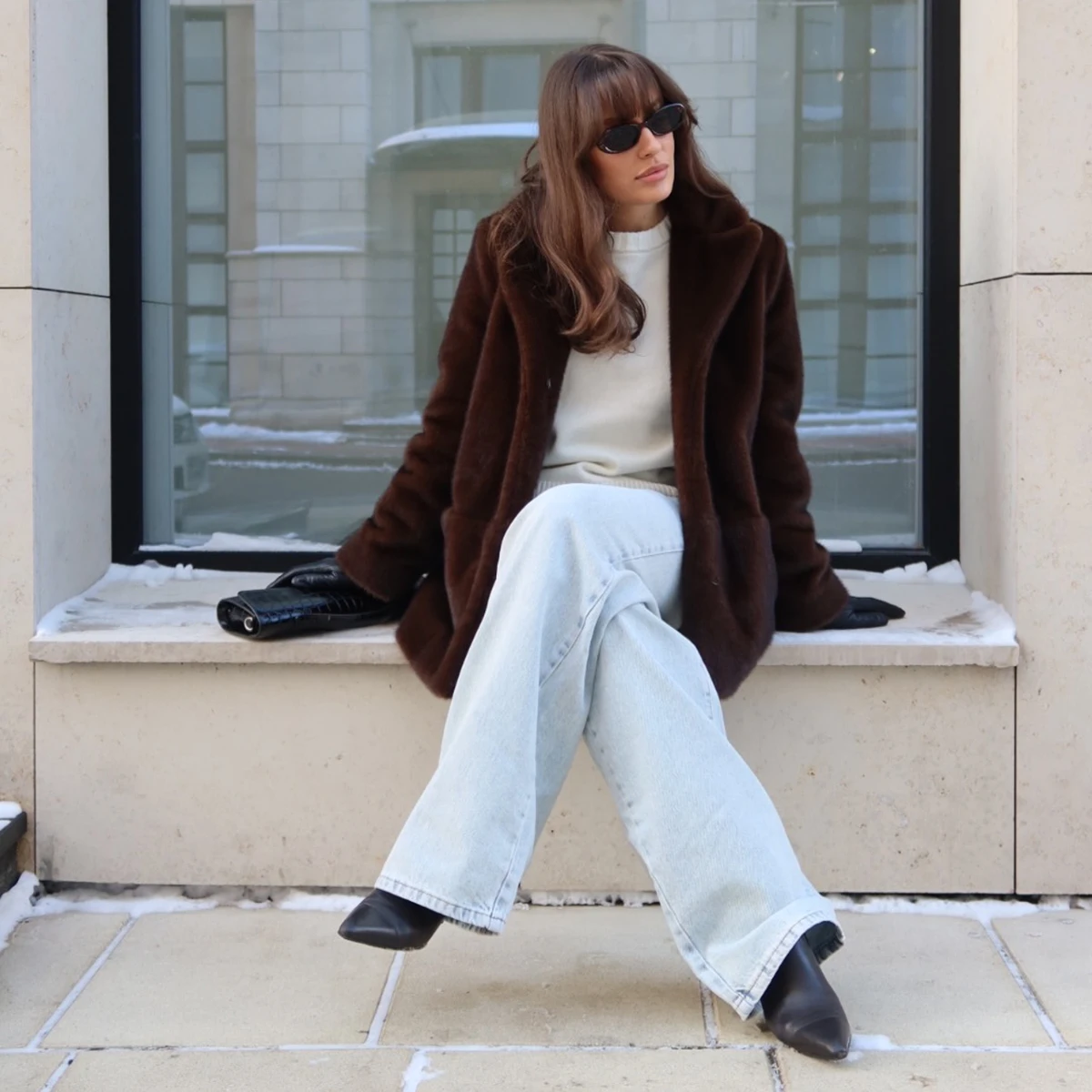 Women's Dark Brown Fluffy Faux Fur Coat Lapel Collar Single Breasted Oversized Winter Warm Jacket Elegant Luxe Chic Streetwear