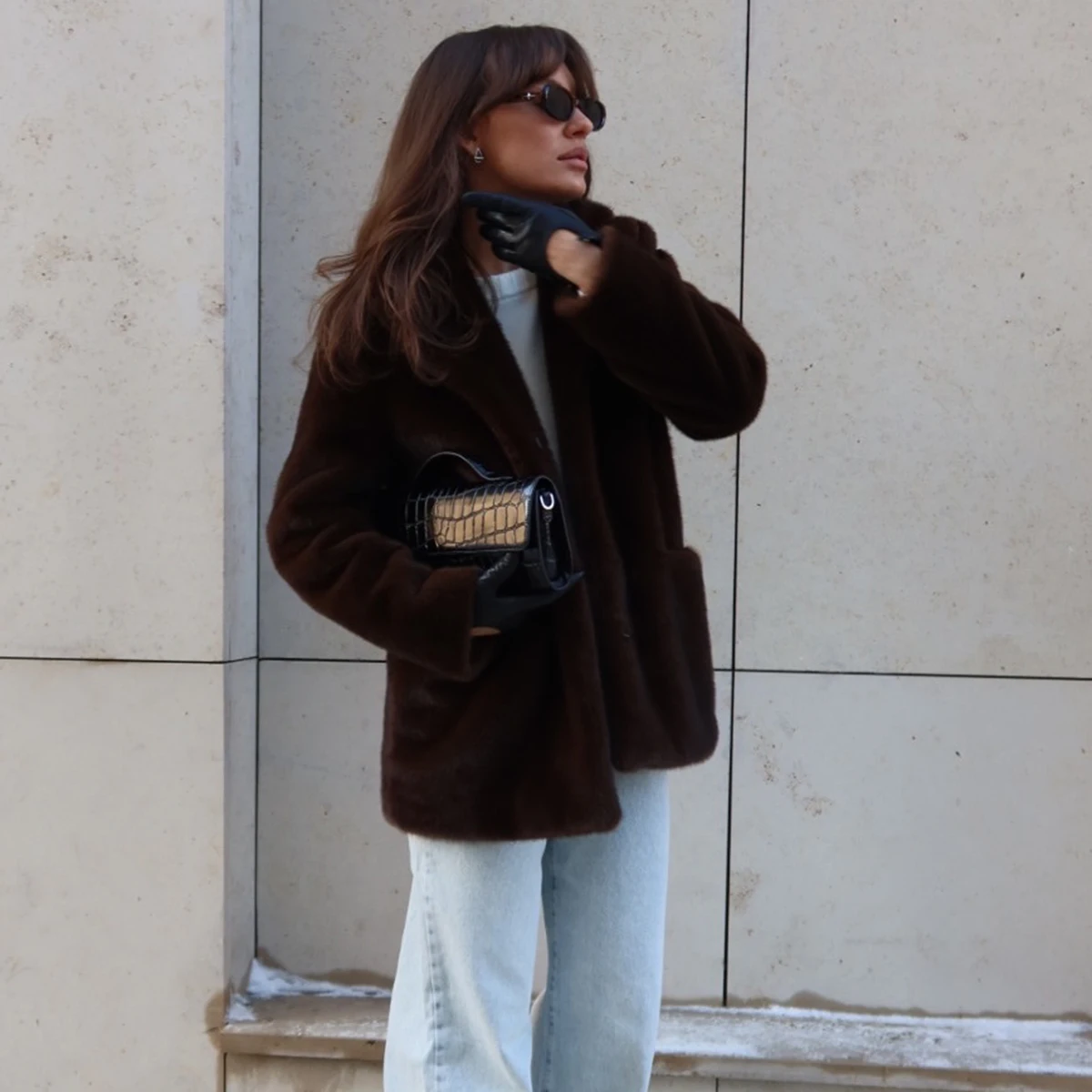 Women's Dark Brown Fluffy Faux Fur Coat Lapel Collar Single Breasted Oversized Winter Warm Jacket Elegant Luxe Chic Streetwear