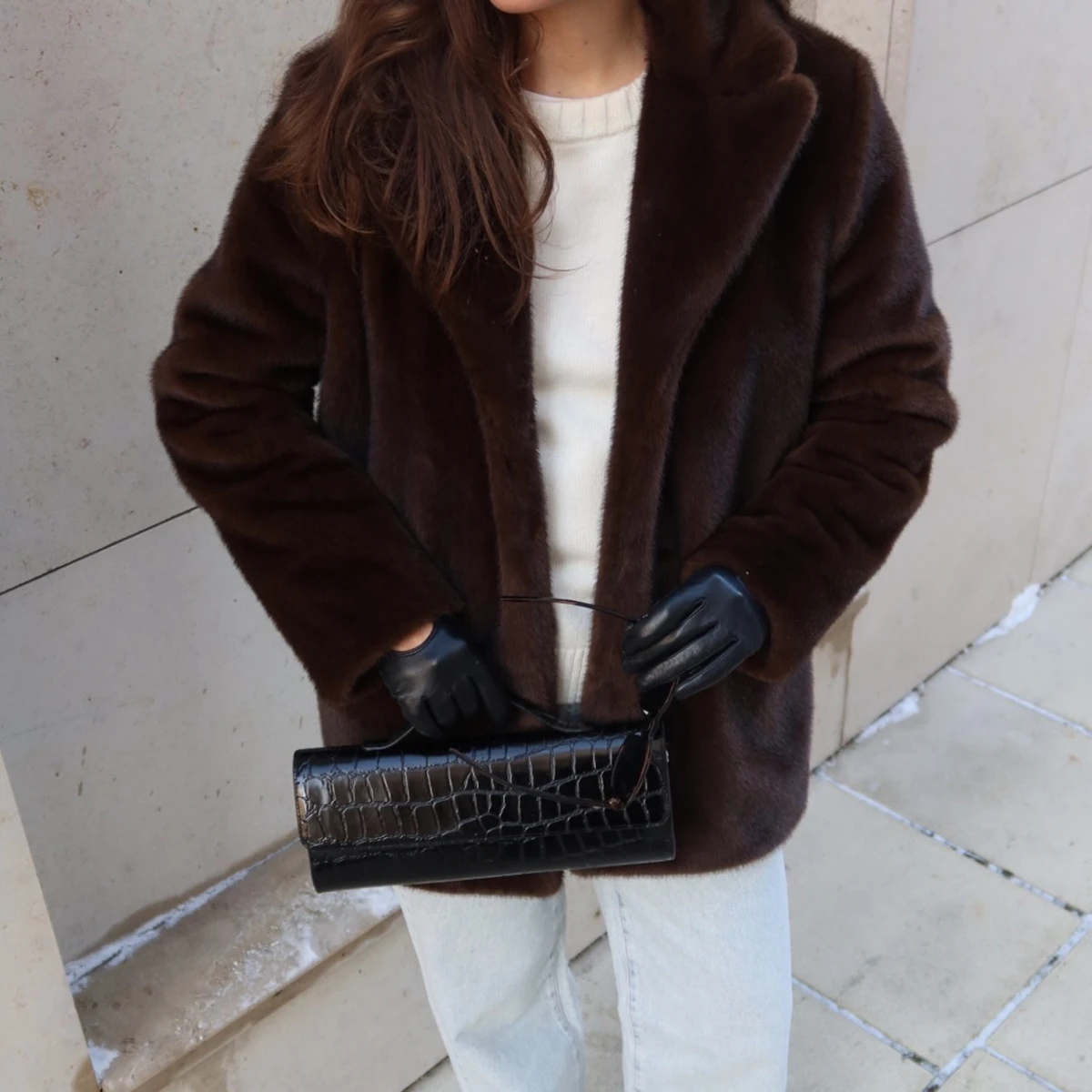 Women's Dark Brown Fluffy Faux Fur Coat Lapel Collar Single Breasted Oversized Winter Warm Jacket Elegant Luxe Chic Streetwear