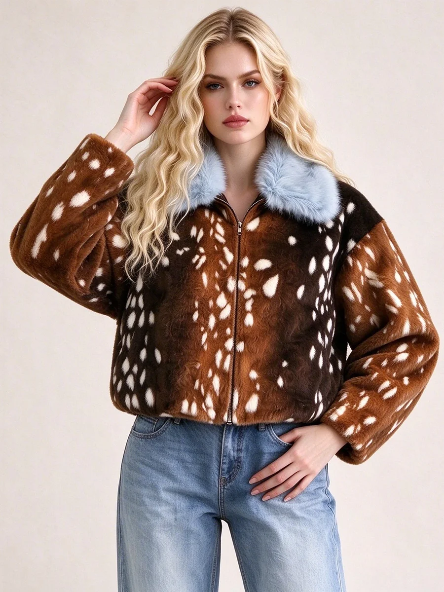 LIMO Women Faux Fur Cropped Jacket Deer Spot Print Light Blue Fluffy Collar Zipper Winter Warm Coat