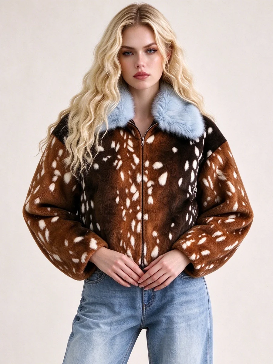 LIMO Women Faux Fur Cropped Jacket Deer Spot Print Light Blue Fluffy Collar Zipper Winter Warm Coat