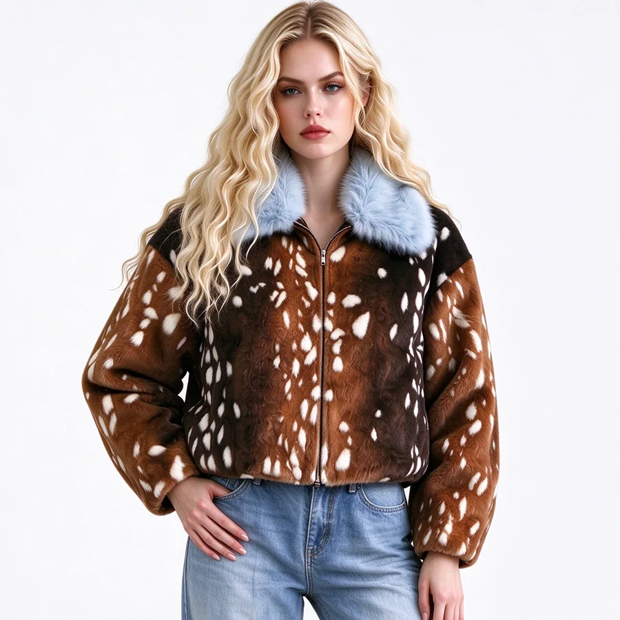 LIMO Women Faux Fur Cropped Jacket Deer Spot Print Light Blue Fluffy Collar Zipper Winter Warm Coat
