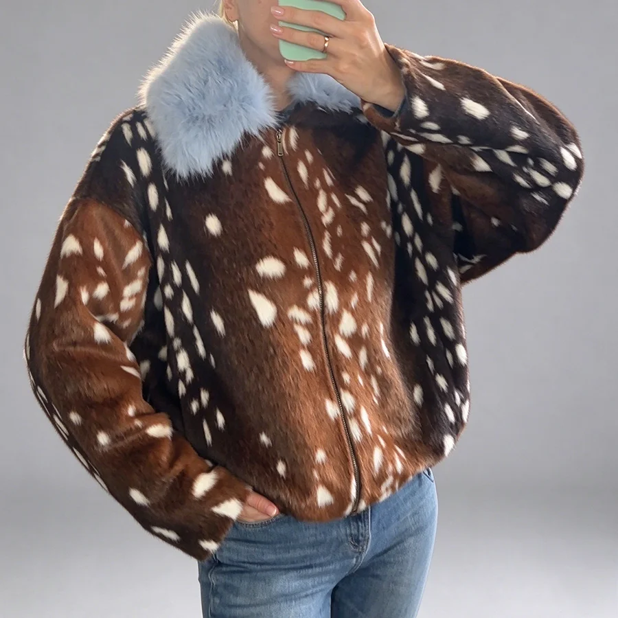 LIMO Women Faux Fur Cropped Jacket Deer Spot Print Light Blue Fluffy Collar Zipper Winter Warm Coat