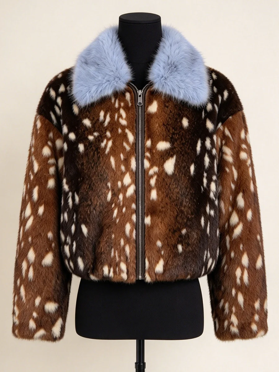 LIMO Women Faux Fur Cropped Jacket Deer Spot Print Light Blue Fluffy Collar Zipper Winter Warm Coat
