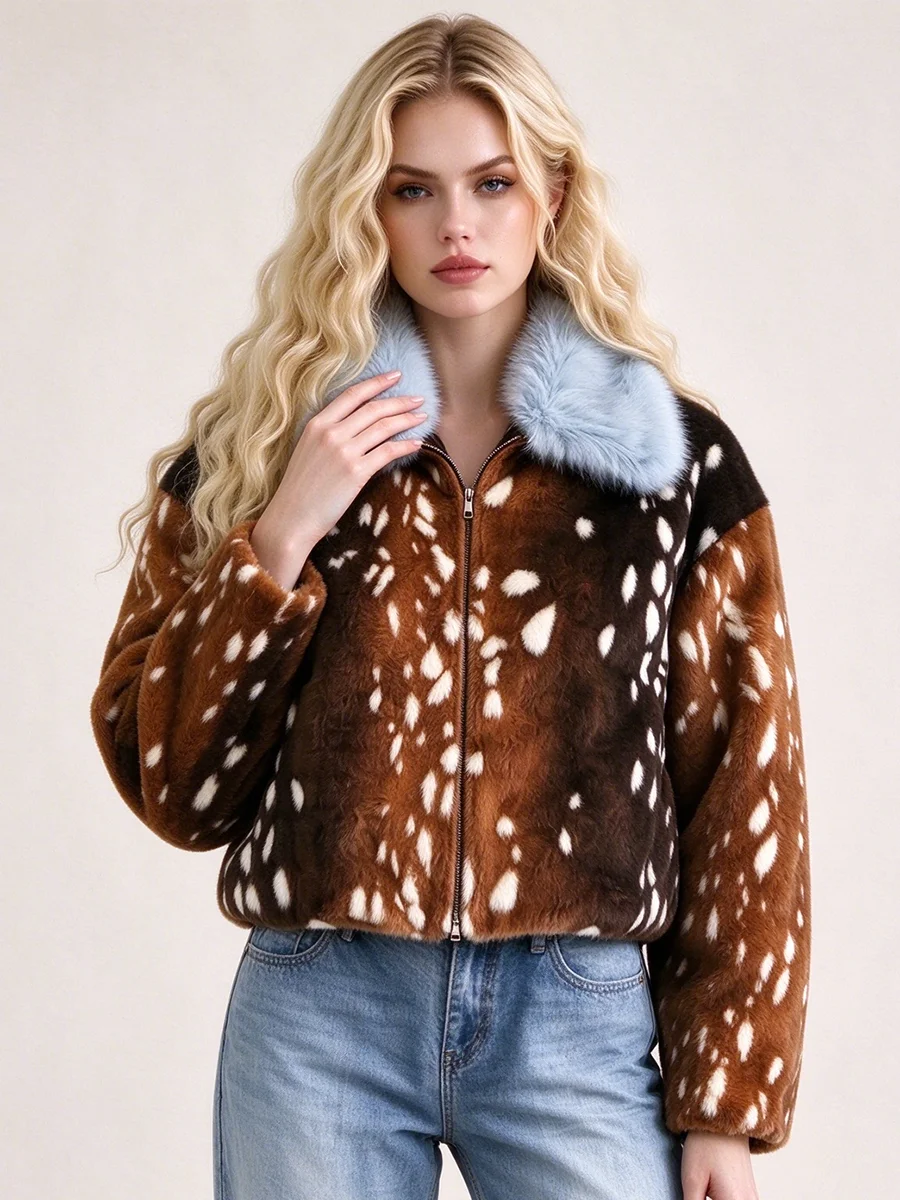 LIMO Women Faux Fur Cropped Jacket Deer Spot Print Light Blue Fluffy Collar Zipper Winter Warm Coat