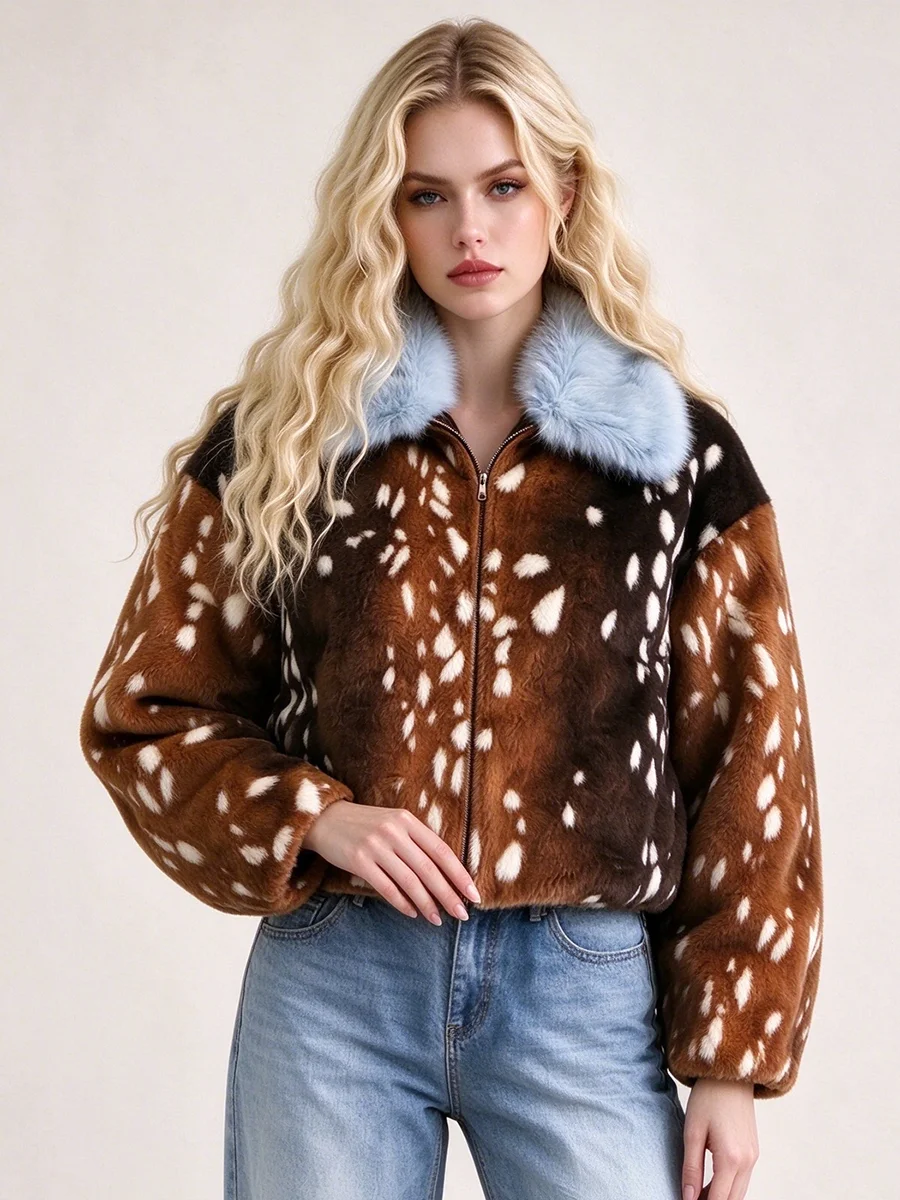 LIMO Women Faux Fur Cropped Jacket Deer Spot Print Light Blue Fluffy Collar Zipper Winter Warm Coat