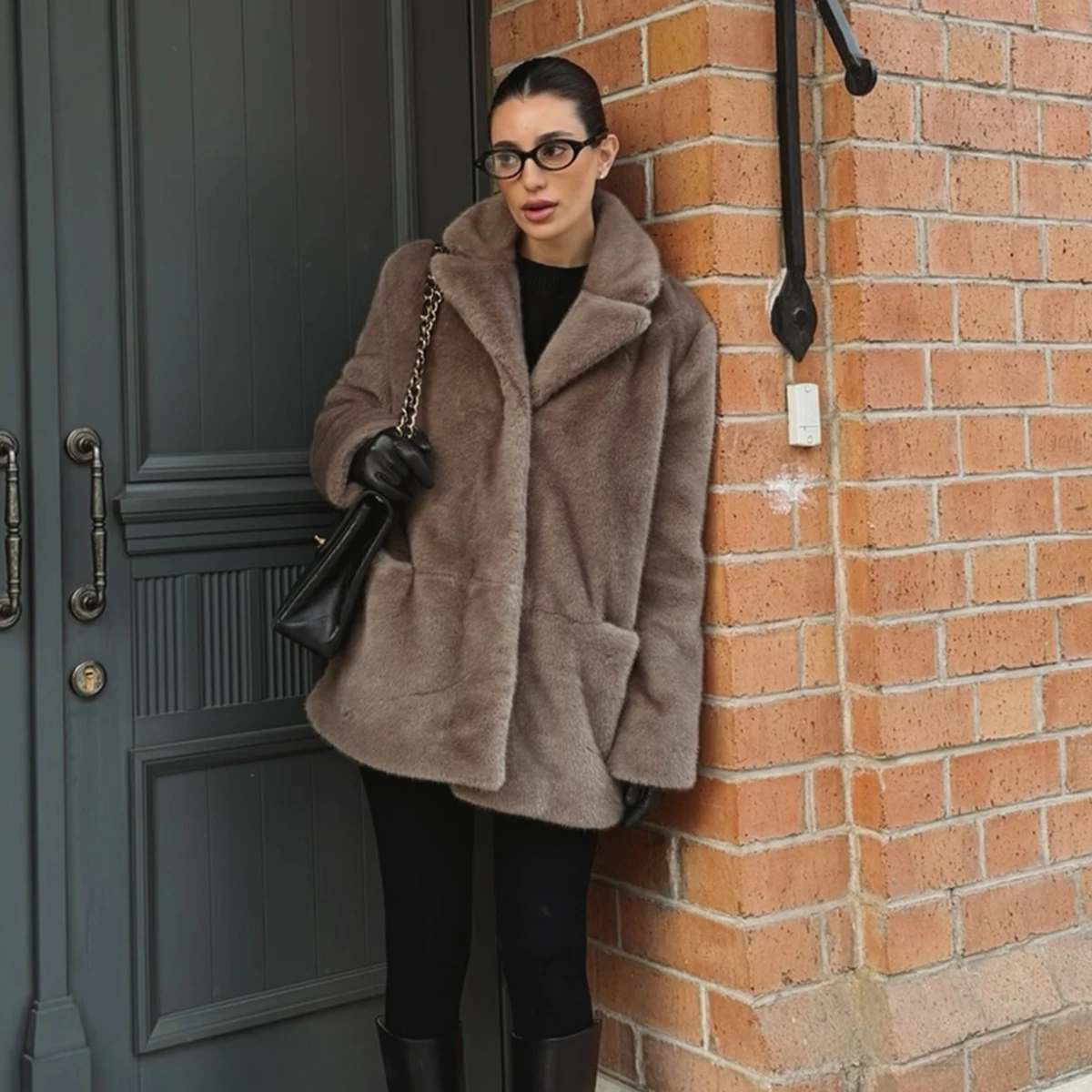 Women's Taupe Fluffy Faux Fur Coat Lapel Collar Oversized Long Sleeve Winter Warm Thick Jacket Elegant Luxe Chic Outerwear