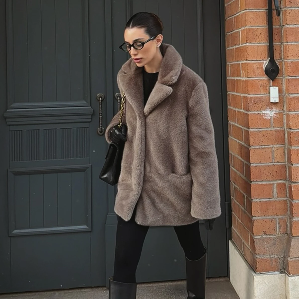 Women's Taupe Fluffy Faux Fur Coat Lapel Collar Oversized Long Sleeve Winter Warm Thick Jacket Elegant Luxe Chic Outerwear