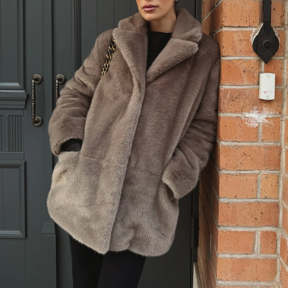 Women's Taupe Fluffy Faux Fur Coat Lapel Collar Oversized Long Sleeve Winter Warm Thick Jacket Elegant Luxe Chic Outerwear