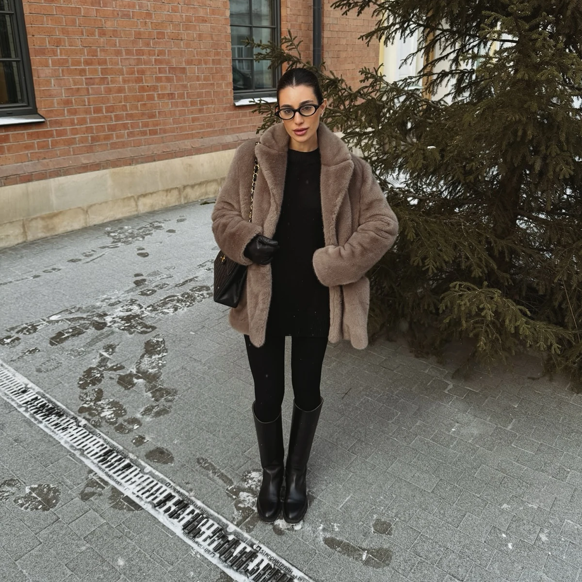 Women's Taupe Fluffy Faux Fur Coat Lapel Collar Oversized Long Sleeve Winter Warm Thick Jacket Elegant Luxe Chic Outerwear