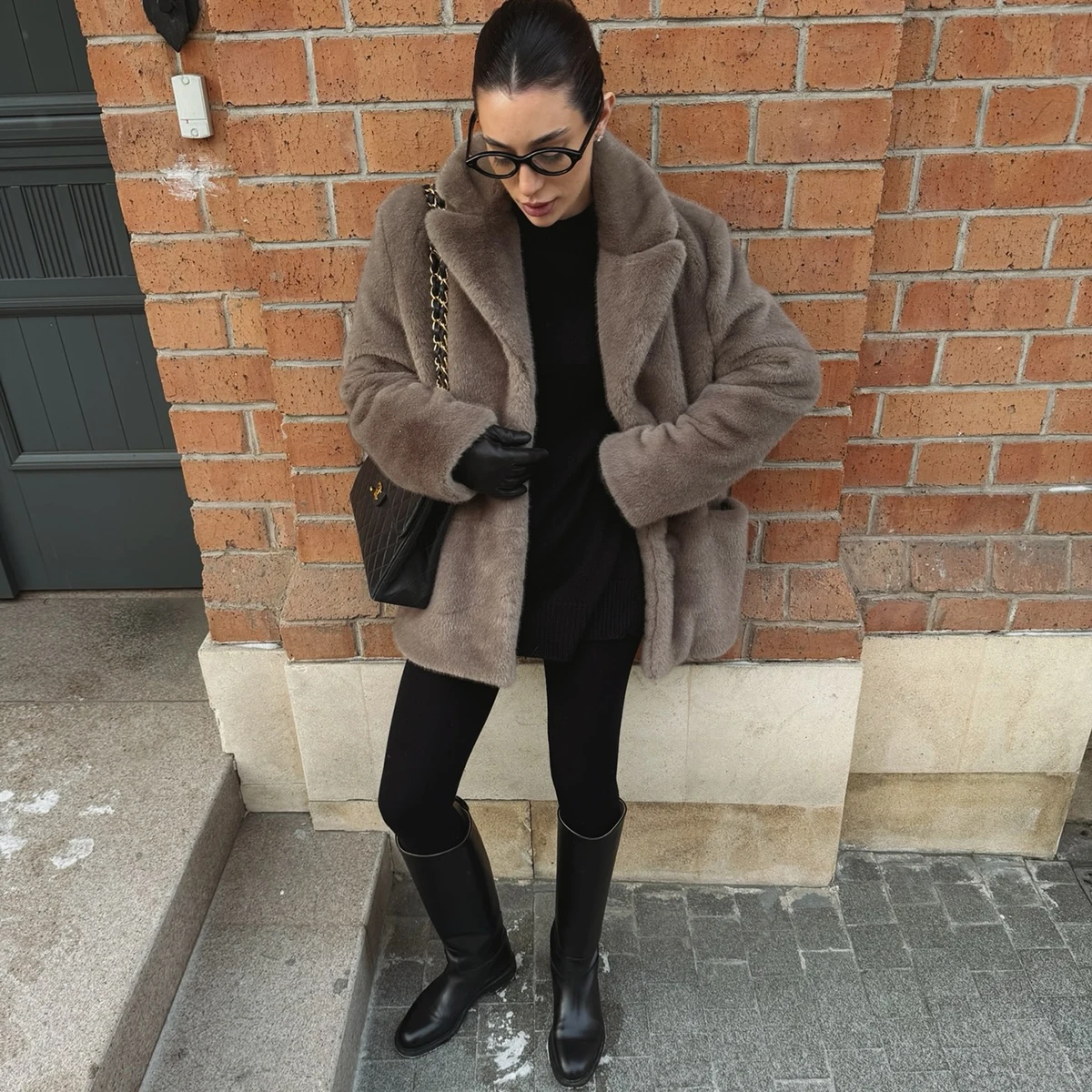 Women's Taupe Fluffy Faux Fur Coat Lapel Collar Oversized Long Sleeve Winter Warm Thick Jacket Elegant Luxe Chic Outerwear