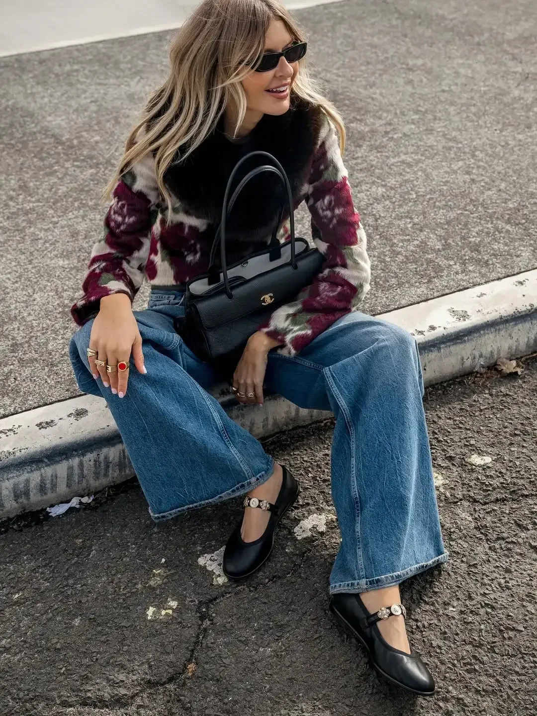 Ivory Floral Print Faux Fur Collar Button Pocket Jackets Edgy Long Sleeve Cuff Outerwear 2026 Autumn Street Vintage Party Coats