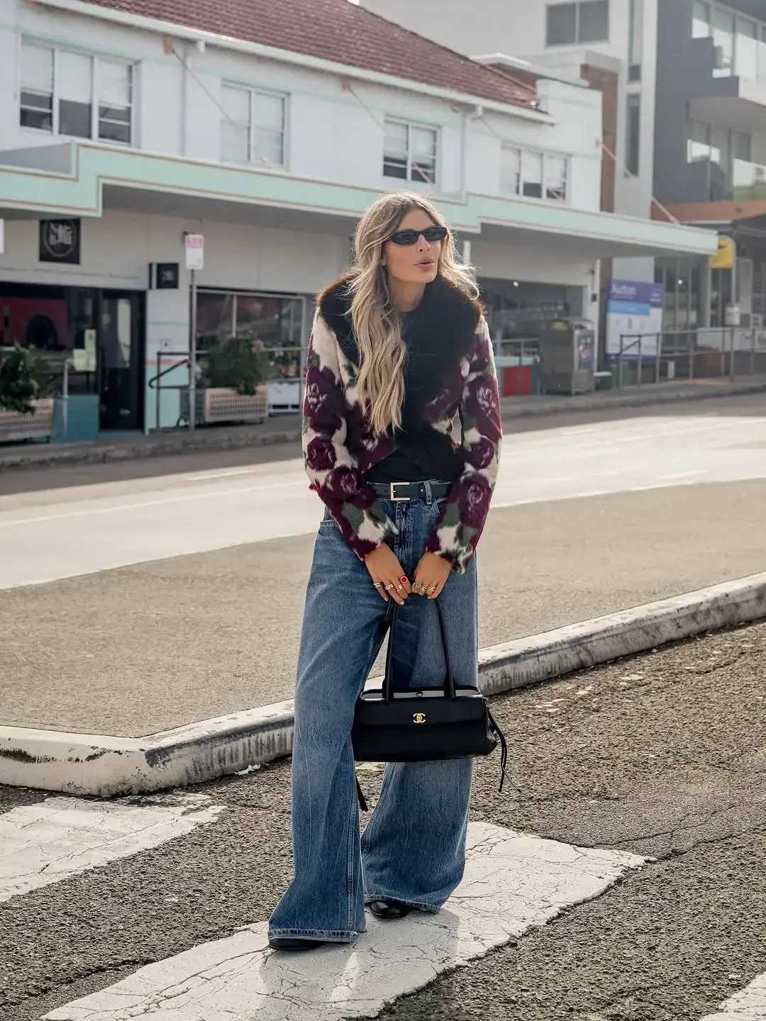 Ivory Floral Print Faux Fur Collar Button Pocket Jackets Edgy Long Sleeve Cuff Outerwear 2026 Autumn Street Vintage Party Coats
