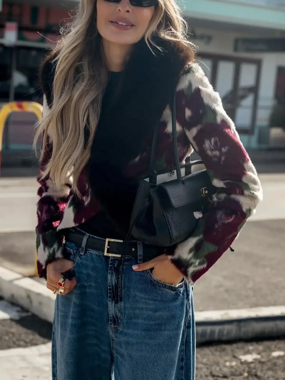 Ivory Floral Print Faux Fur Collar Button Pocket Jackets Edgy Long Sleeve Cuff Outerwear 2026 Autumn Street Vintage Party Coats
