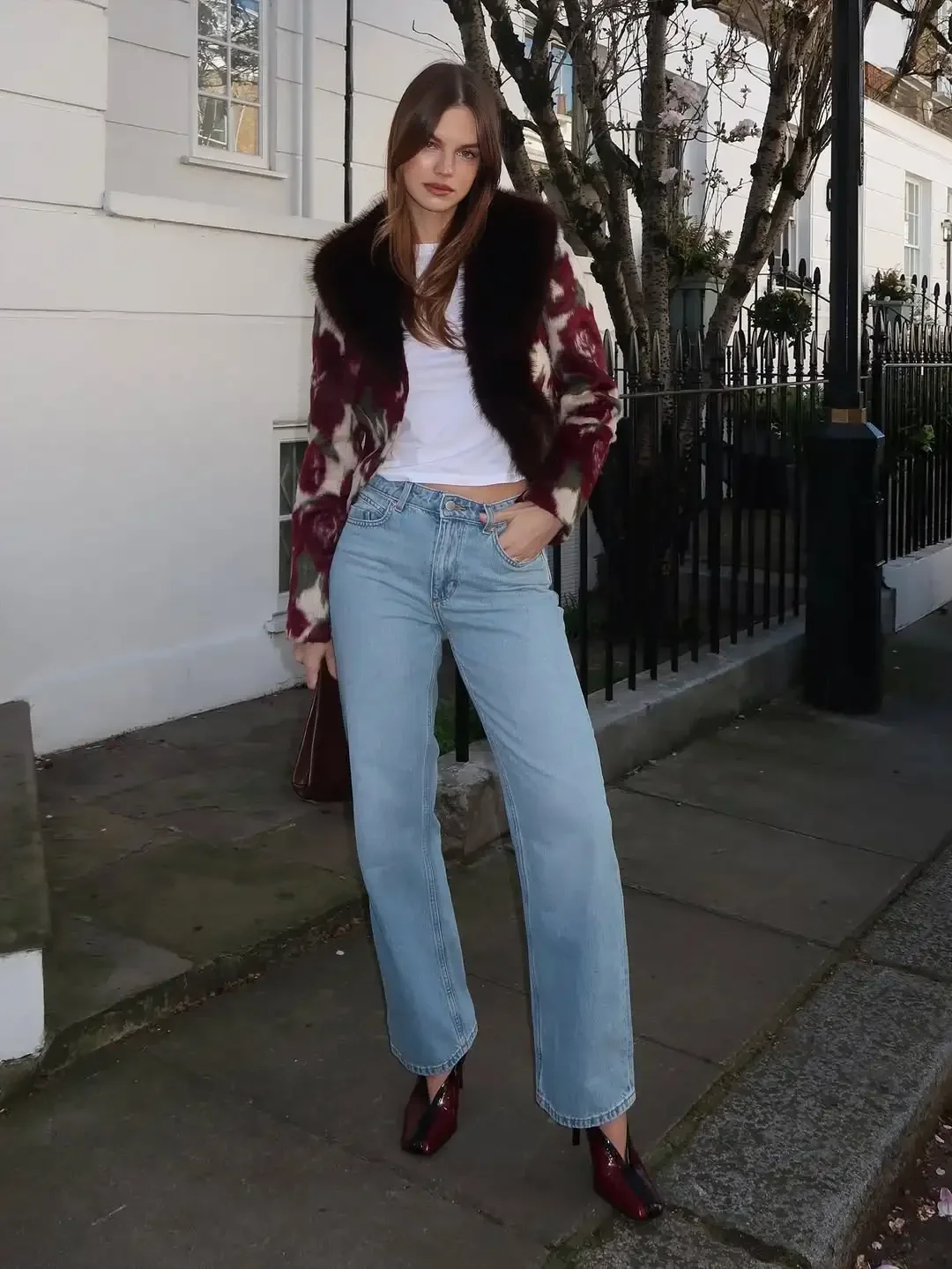 Ivory Floral Print Faux Fur Collar Button Pocket Jackets Edgy Long Sleeve Cuff Outerwear 2026 Autumn Street Vintage Party Coats
