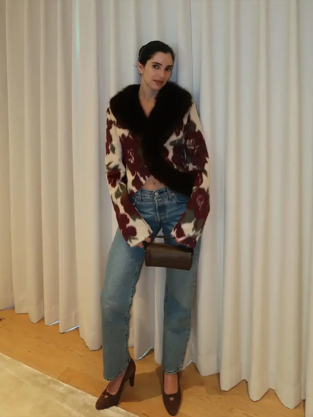 Ivory Floral Print Faux Fur Collar Button Pocket Jackets Edgy Long Sleeve Cuff Outerwear 2026 Autumn Street Vintage Party Coats
