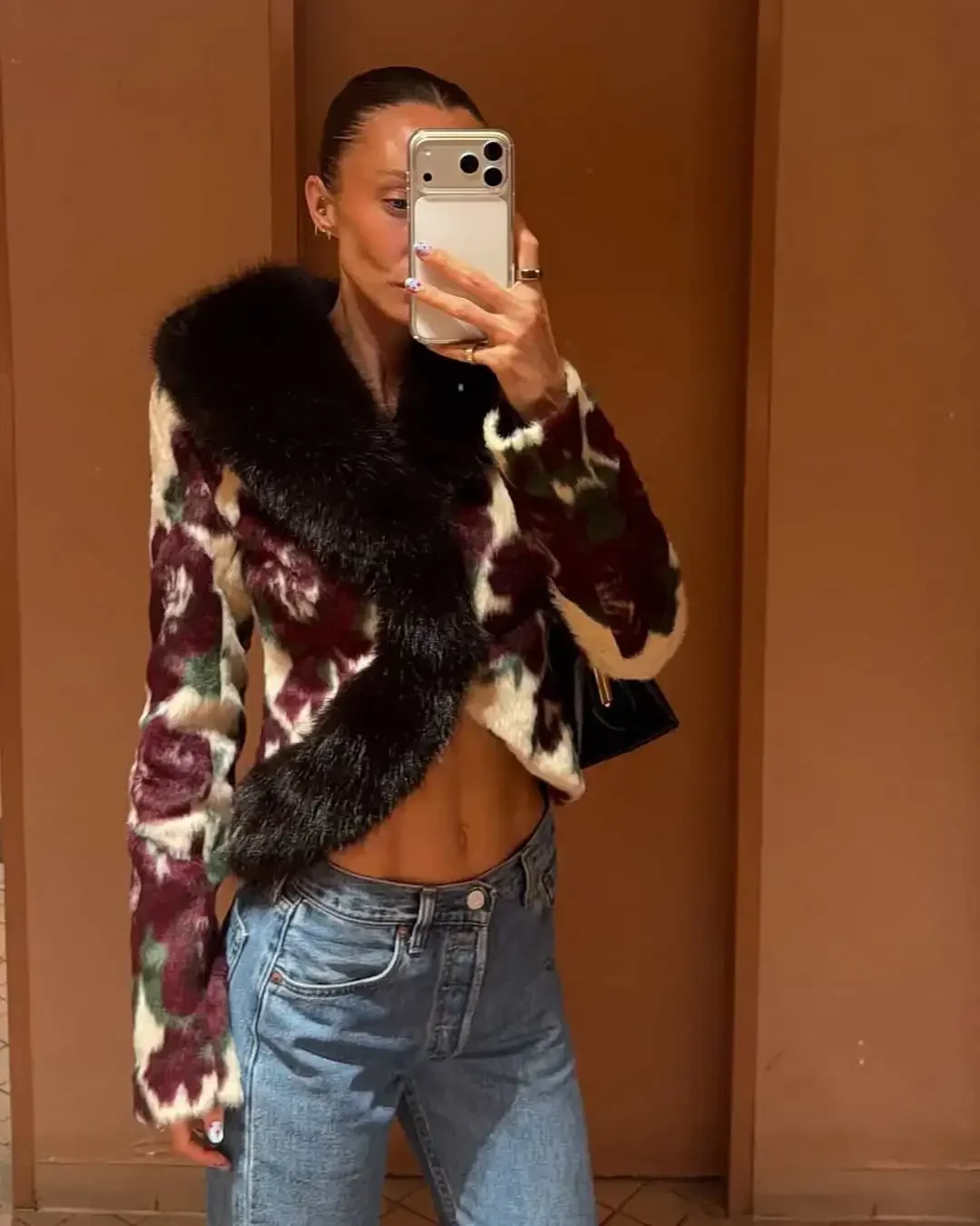 Ivory Floral Print Faux Fur Collar Button Pocket Jackets Edgy Long Sleeve Cuff Outerwear 2026 Autumn Street Vintage Party Coats