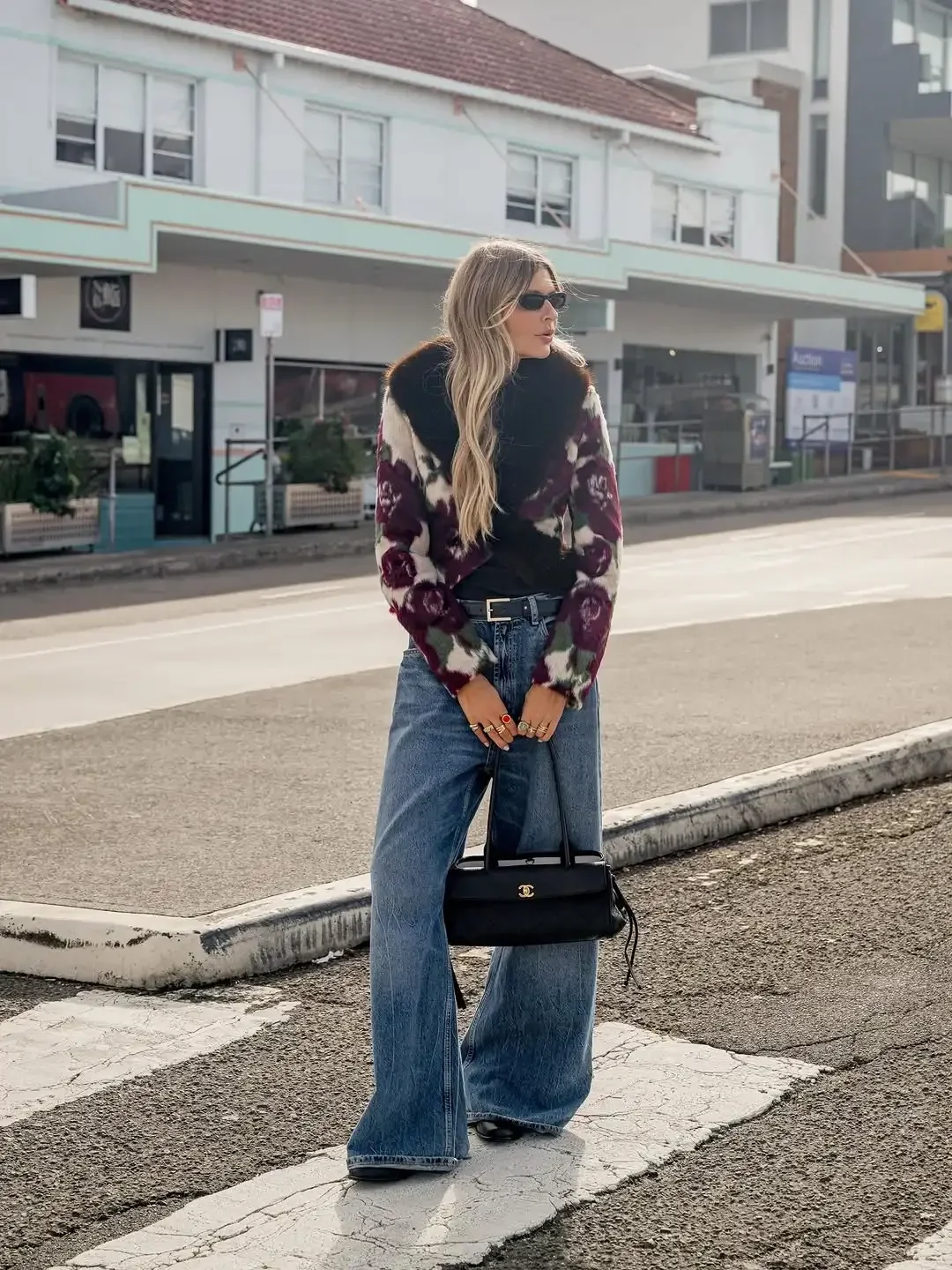 Ivory Floral Print Faux Fur Collar Button Pocket Jackets Edgy Long Sleeve Cuff Outerwear 2026 Autumn Street Vintage Party Coats