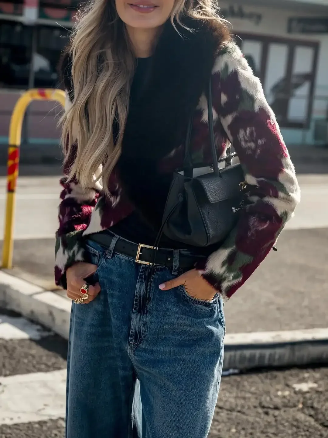 Ivory Floral Print Faux Fur Collar Button Pocket Jackets Edgy Long Sleeve Cuff Outerwear 2026 Autumn Street Vintage Party Coats