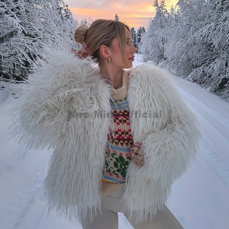 Neo Mint Fluffy Tassels Faux Fur Coat Women 2025 Winter New Stylish Eco Fur Jacket Brand Fashion Girls Thick Furry Overcoat