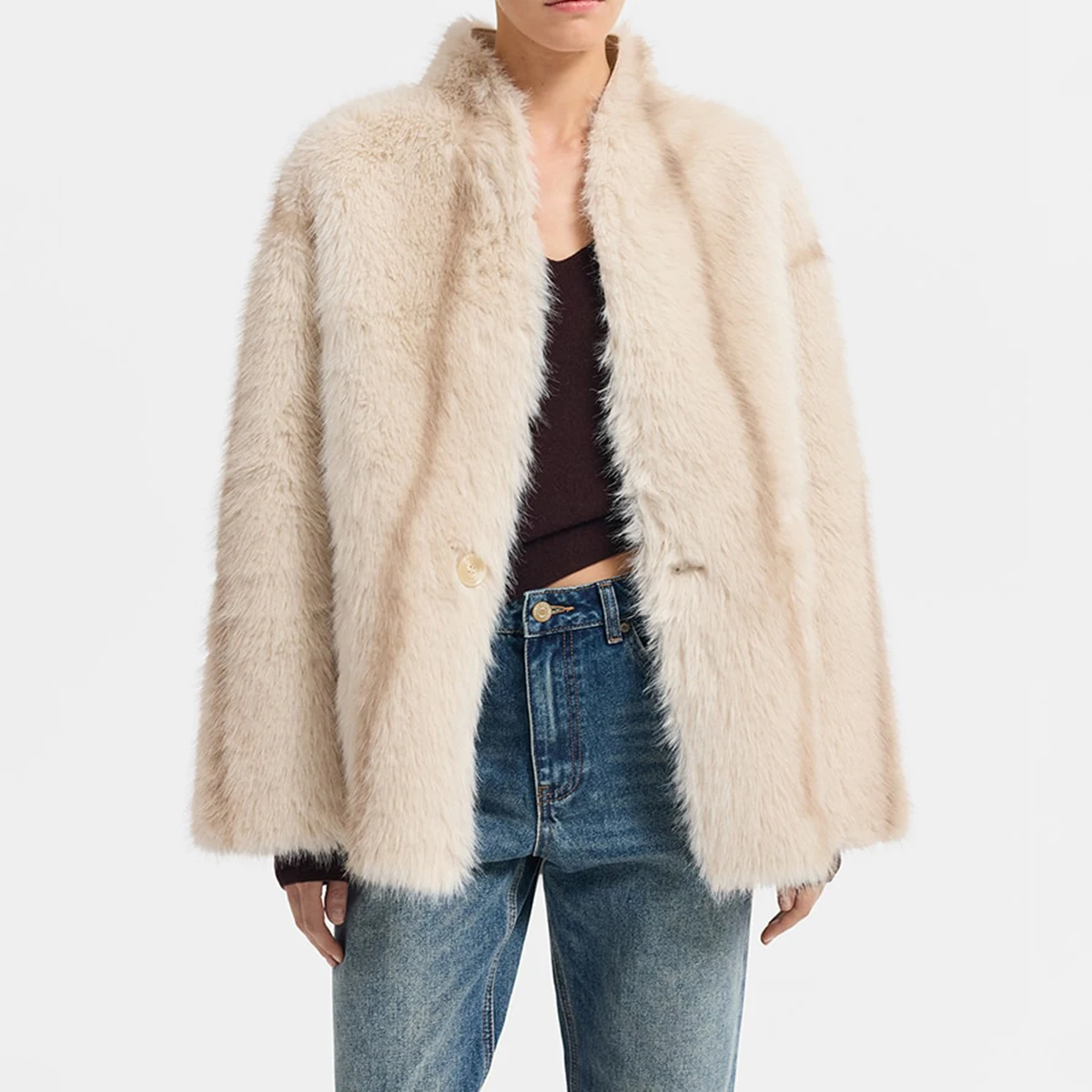 Women's Beige Cropped Fluffy Faux Fur Coat Button Stand Collar Winter Warm Thick Elegant Luxe Chic Outerwear